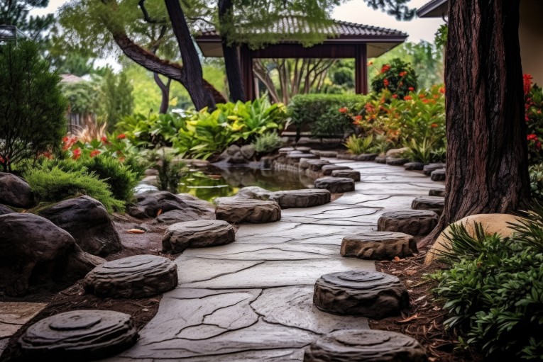A stone path guiding visitors through a meticulously designed garden created by MH3 landscape designers in the Twin Cities.