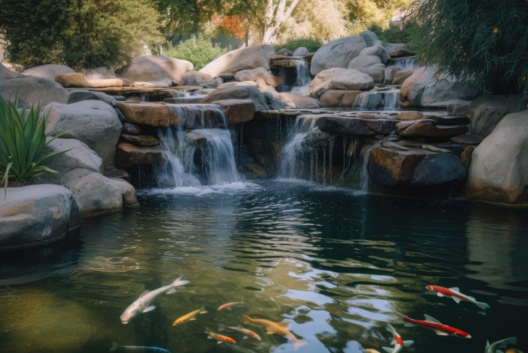 Custom landscaping in the Twin Cities featuring a koi pond with a waterfall, rocks, designed by MH3 landscape designers.