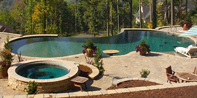 Landscape Design With Custom Shaped Infinity Pool, Spa, & Swim-Up Table