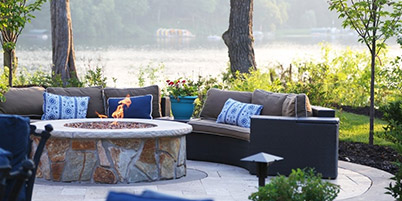 Paver Patio With Outdoor Furniture, Stone Gas Fireplace Overlooking Lake Minnetonka