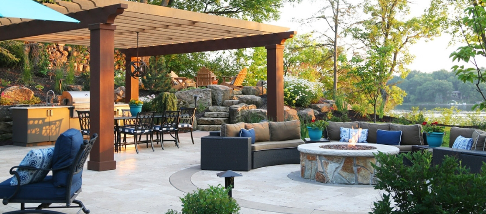 Outdoor kitchen and living areas